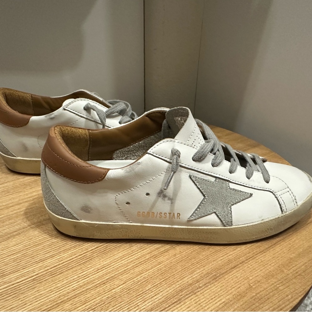 Golden Goose White and Brown Sneakers with Gray Star